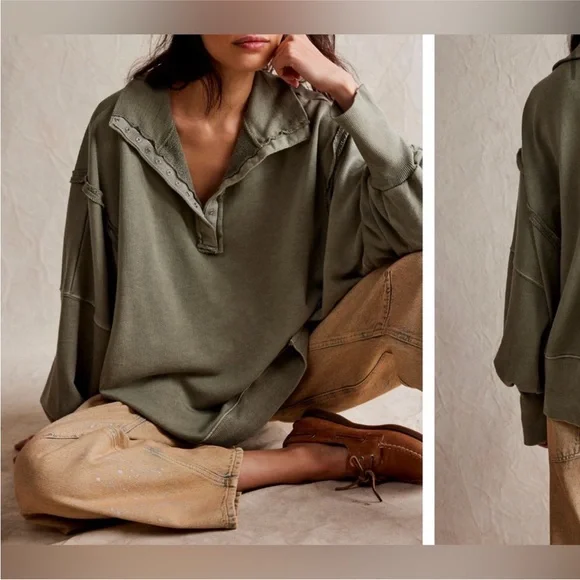 NWOT free people We The Free Camden Henley Sweatshirt - laurel oak green - XS - Picture 2 of 8